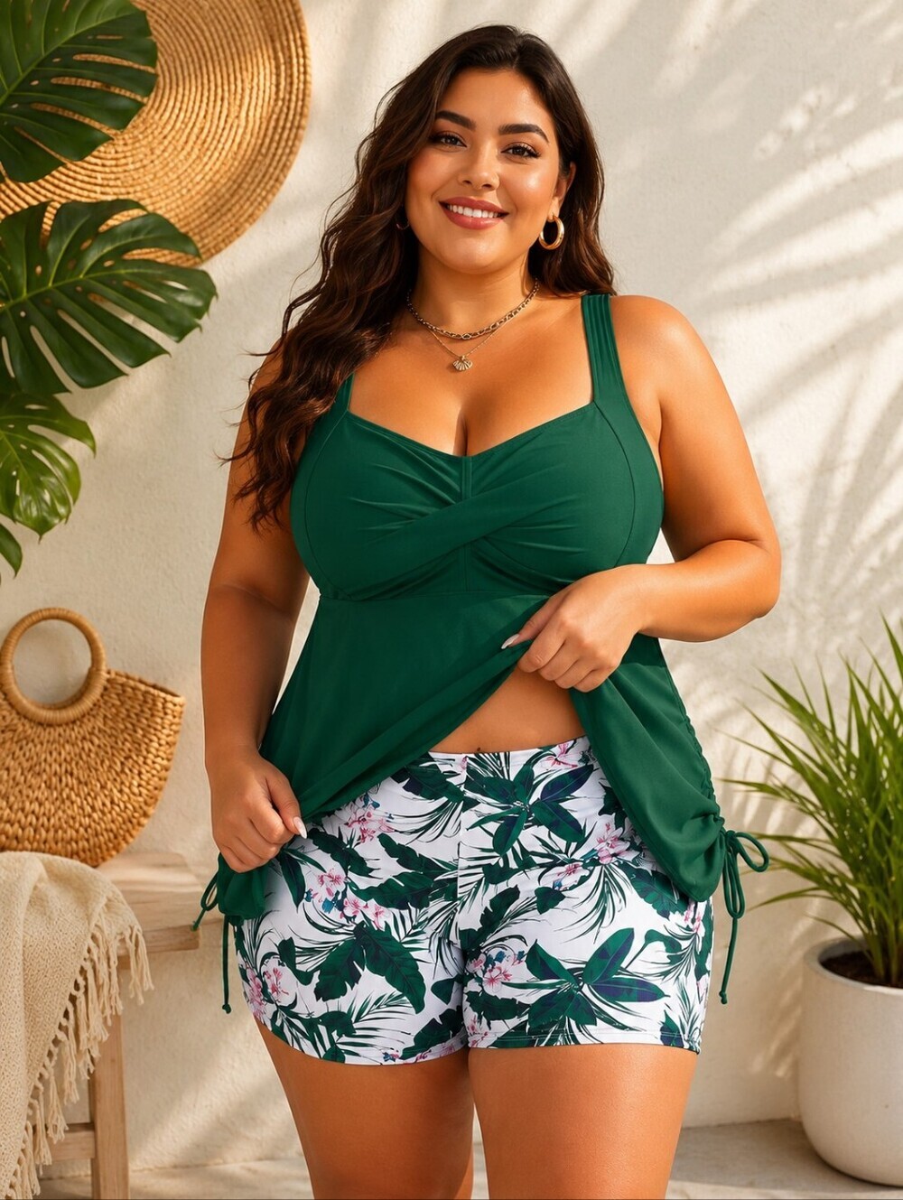 Aqua Eve Plus Size 30W Tankini Swimsuit Set Green Tropical Shorts NWT Vacation